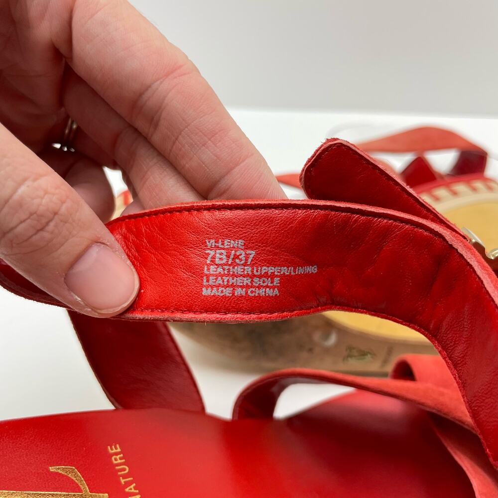 VC Signature | Lene Vince Camuto Red Leather Ankle Strap Block Wedge Sandals - Picture 8 of 12